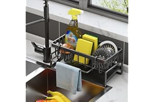 Ainiv Organizador Cocina Fregadero, Negro Soporte Estropajo Fregadero, Porta Estropajos Fregadero con Bandeja Autodrenante, Kitchen Organizer Productos Limpieza, Organizador Fregadero para Cepillos