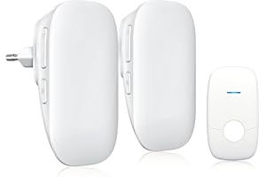 JeaTone Timbre Inalámbrico Exterior Impermeable, Timbres para Puerta con 150m Alcance, Indicador LED, 1 Transmisor y 2 Receptores, 4 Niveles de Volumen Ajustable, 36 Melodías, Timbre de Puerta, Blanco