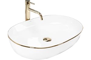Rea Lavabo sobre encimera de cerámica CLEO, lavabo de baño con borde dorado blanco, 605 x 410 x 140 mm, cerámica (blanco/dorado)