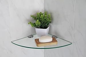 BSM MARKETING Eckregal aus gehärtetem Glas, 200 mm, 6 mm dick, für Badezimmer / Schlafzimmer / Küche, mit großen Chromstützen