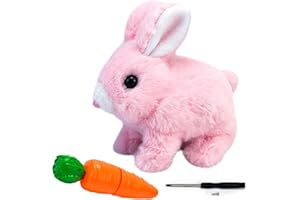 LYINUR Interactive Rabbit Toy with Carrot, Easter Bunny Toy Pet Hopping Plushie, Realistic Walking Jumping Rabbit Toys, Funny Plush Stuffed Bunny Pal with Sounds and Movements, Pink