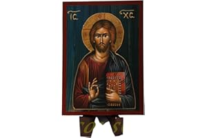Icône en Bois Fait Main, Chrétienne orthodoxe Grecque, Representant Jésus Christ / a2_2