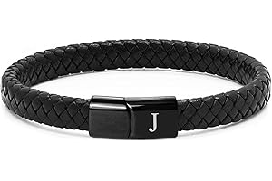 TOLOWOBK Leather Bracelet Men's Bracelet with Letters Stainless Steel Engraving A-Z Letter Bracelet Men Black Braided Leather Bracelets with Magnetic Closure Easter Birthday Gifts for Men