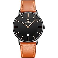 Mens Watch Flat Analogue Quartz Date Display Classic Fashion Waterproof Wristwatch with Leather Strap