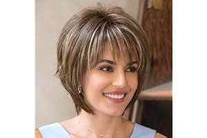 Creamily Perruques Cheveux Courts avec Frange Brun Foncé Mixte Blonde Pixie Coupe Perruque pour Femmes Perruques de Fibres Synthétiques Droites