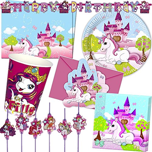 113-teiliges * EINHORN FILLY * PARTY SET für Kindergeburtstag mit 6-8 Kinder: Teller, Becher, Servietten, Einladungen, Tischdecke, Trinkhalme, Parykette, Luftschlangen, Luftballons // Mottoparty Motto Party rosa Pferd lila Mädchen Kinder Geburtstag Einhörner Fairy unicorn Feen Magie