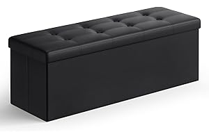 SONGMICS Storage Ottoman, Foldable Small Ottoman Foot Rest, 38 x 110 x 38 cm, Cube Ottoman with Storage, Load up to 300 kg, for Living Room, Bedroom, Entryway, Ink Black LSF89BK