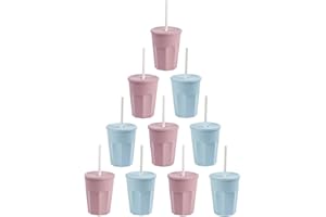 Engelland - 10 x Kunststoffbecher mit Deckel, Hell-Blau/Rosa, Trinkbecher mit Strohhalm, Party-Becher, Plastik Trink-Gläser, Mehrweg, 0,25 Liter