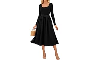 GRACE KARIN A-Line Long Sleeve Midi Dresses for Women UK, U-Neck Jumper Dresss with Belt, Wedding Guest Prom Dress Elegant
