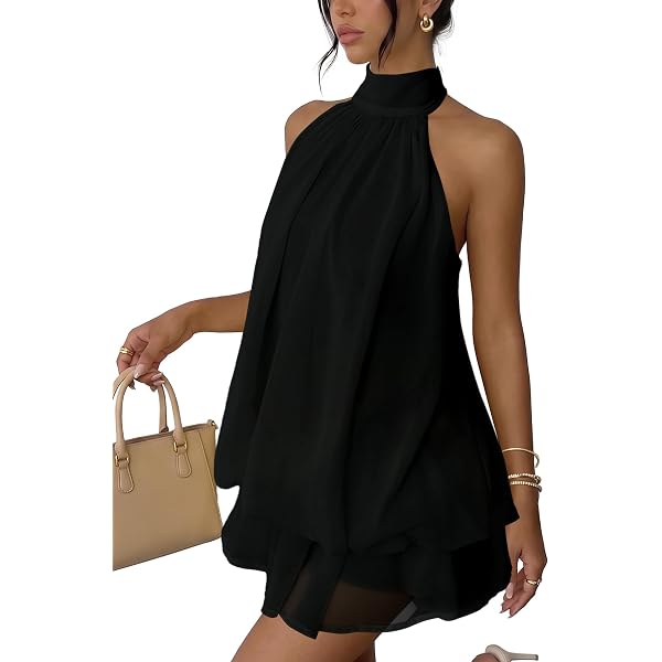 Women's Mini Backless Halter Flowy Summer Dress Ruffle Sleeveless Short Sundess A Line Cute Dresses For