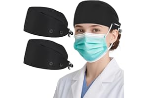 WIZ BBQT 2 Pack Cotton Scrub Caps Women Men Satin Lined with Sweatband 4 Buttons
