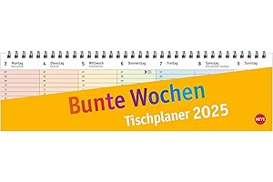 Bunte Wochen Wochenquerplaner 2025: Übersichtlicher Umklapp-Kalender 2025 mit farbig markierten Tagen. Tisch-Kalender für den Schreibtisch. (Bunte Wochen Planer Heye)