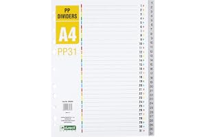 D.RECT register för A4, PP31, 31 skiljeblad, ringboksregister, flikar med nummertryck 1–31, grå, färgavskiljare av PP, polypr