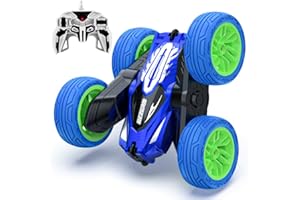BEZGAR LED Remote Control Cars - 2.4GHz Double Sided Stunt Car, 360° Flips Rotating 4WD RC Car, Indoor & Outdoor Fun Rechargeable Toy Gifts for Boys Kids Girls, TD203MINI Blue