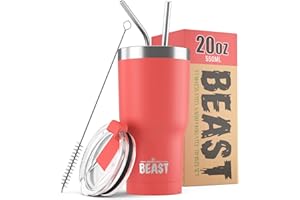 GREENS STEEL BEAST Termo Café para Llevar - 550ml I Coral I Taza Térmica de Acero Inoxidable Reusable I Taza Viajera de Doble Pared al Vacío I 2 Pajitas y Cepillo de Limpieza I para Café Frío o Caliente