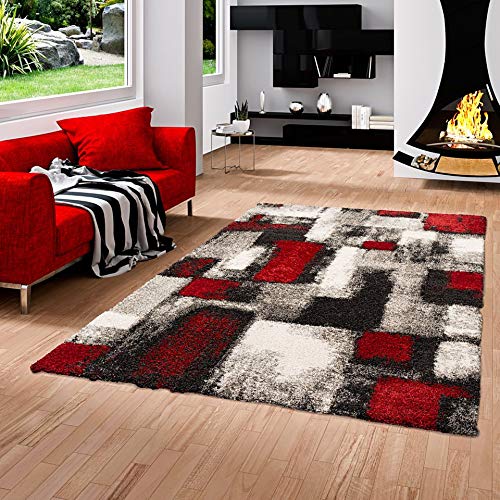 Pergamon Milano Tapis Shaggy à Poils Longs Gris Rouge Carreaux 5 Tailles