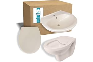 Calmwaters® - Spülrandloses Hänge-WC, Set in Pergamon aus Wand-WC, Toilettendeckel mit Absenkautomatik und 60 cm großem Waschbecken - 99000203