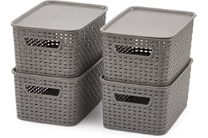 EZOWARE Set de 4 Cestas de Almacenaje con Tapas, 6L Cajas Organizadoras de Plástico Apilable de Mimbre y Asas para Cocina, Baño - Gris