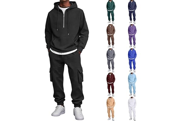 Men's Jogging Set Half Open Zip Hoodie and Cargo Trousers | Men's Tracksuit Set 2 Pieces Multi-Pocket Sweatshirts Lightweight Casual Sport Cycling Running Fitness