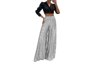 Pailletten Hose Damen Weite Plissee Hose Glitzer High Waist Palazzo Hose Frauen Casual Marlenehose Locker Stoffhose Weitem Bein Freizeithose Elegant Culottes Hose Gummizug Lounge Hose Gerade