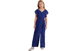 Moggemol Girls Ruffled Chiffon Dressy Casual Jumpsuit V-Neck Short Sleeve Wide Leg Long Pants Romper