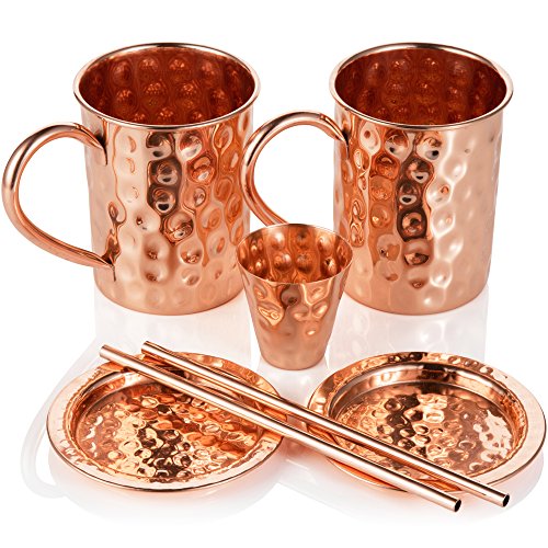 Moscow Mule Kupferbecher: 2er Set – Enthält 2 x 18oz Becher, 2 x Untersetzer, 2 x Strohhalme, 1 x Shotglas in Geschenkbox mit Bonus Cocktail-Rezepte-eBook – 100% Kupferzubehör – Handgemachter Trinkbecher in Roosevelt-Optik mit Hammerschlag-Effekt – Das Perfekte Geschenk für Hochzeiten, Jahrestag, Hochzeitstag, Geburtstag oder Weihnachten für Sie oder Ihn - 2