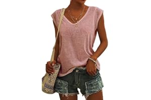 ASKSA Femme T-Shirt Débardeur Col en V à Mancherons été Couleur Unie Sport Tee Hauts Chemises Amples de Base Shirts