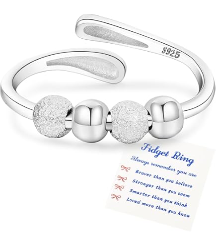 Anello Anti-Ansia In Argento Sterling S925 Con Perline Girevoli - Gioiello Antistress Per Donne E Uomini, Anello Fidget Per Concentrazione, Ipoallergenico, Regalo Unisex, Taglia #7 - 2