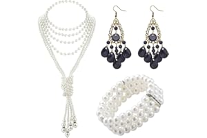TOEECY 3 Pièces Parure de Bijoux en Perles en Plastique Longues Boucles D'oreilles Collier Perle Blanche Bracelet Parure Bijoux Mariage 1920 Accessoires