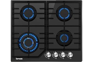 Topwish Cocina de gas, empotrable, quemador Sabaf, gas natural/propano, válvulas de seguridad, apagado automático, soporte de hierro fundido, vitrocerámica, aspecto retro, 4 focos, color negro