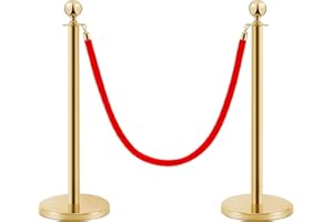 PINNERS Pali distanziatori in acciaio inox dorato 2 pezzi, altezza 90 cm, argento con corda di velluto rosso da 1,5 m, collegamento a 4 vie, base di diametro 31 cm, controllo della folla