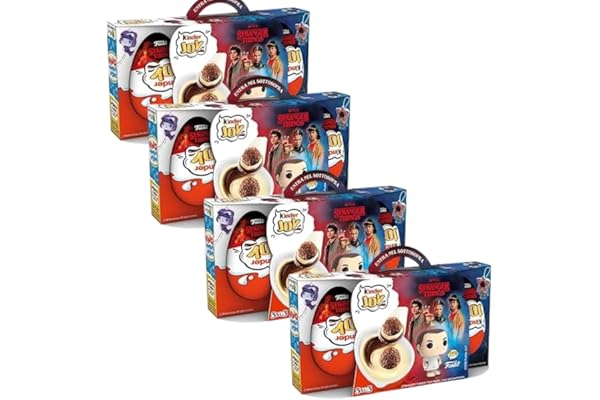 4X Paquete de 4 para Kinder Joy Edición Stranger Things, paquete de 4 con 3 huevos sorpresa cada uno, edición especial de Netflix, 60 g