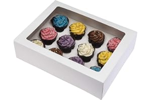 PACK N TRADE SPECIALISTS IN BAKERY & FOOD PACKAGING PACK N TRADE 10 Pcs cupcake boxes 12 hole - Multifunction Inserts Deep cake boxes for cupcakes – White cup cake boxes (33 x 24.2 x 7.5 cm) with Clear Window - Ideal for Muffins, Cupcakes & Pastries