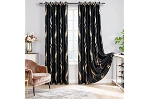 MYRU 2-Panel Luxury Blackout Curtains with Gold Wave Pattern - 66x90 Inches Set of 2, Elegant Light Blocking Curtains for Living Room & Bedroom, Noise Reducing Home Decor with Black & Gold Design