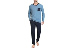 Terecey Ensemble Pyjama Homme Manches Longues Vêtements De Nuit Deux Pièces Haut et Pantalon Pyjama Hiver Vêtement Détente Doux Col V avec Poches