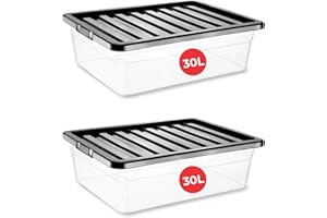RelianceUK 2 X 30L Under bed Storage Boxes with Lids | Multipurpose Clear Plastic Storage Box With Black Lid for Home Office Kitchen Stackable Storage Boxes (30 Litre(Underbed) / 2 Pack)
