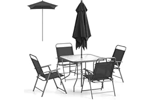 GiantexUK 5/6 Piece Patio Folding Dining Set, Garden Conservatory Set with Tempered Glass Tabletop & Umbrella, Outdoor Dining Table and Chairs for Balcony Porch Garden (6 PCS with Parasol)