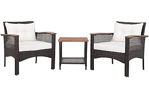 RELAX4LIFE Outdoor Rattan Sofa Set, Patio 2-Tier Coffee Table and Chairs Set with Cushions, Acacia Wood Tabletop & Armrests, 3 Pieces Wicker Garden Furniture Set for Backyard Poolside Porch