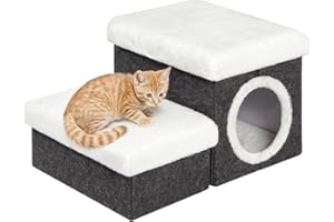 Bonlife Cat House Pet Stairs for Beds Sofa, Dog Bed for Indoor, Foldable Cat Climb Ladder with Storage,2-Tier Pet Steps with Toy Box,Dark Grey,58x40x32cm