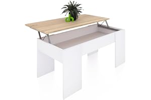 duehome | Mesa de Centro Elevable, Mesita de Salón o Comedor, Modelo Vita, Acabado en Color Blanco Artik y Roble Canadian, Medidas: 100 cm (Largo) x 50 cm (Ancho) x 45-56 cm (Alto)