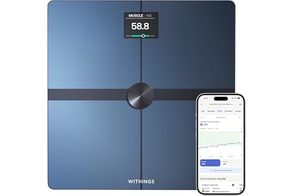 WITHINGS Body Smart - Balance connectée avec composition corporelle avancée (Poids, Masse grasse/Musculaire/Osseuse, Eau, Indice de graisse viscérale), Balance pèse personne WiFi et Bluetooth, Noir