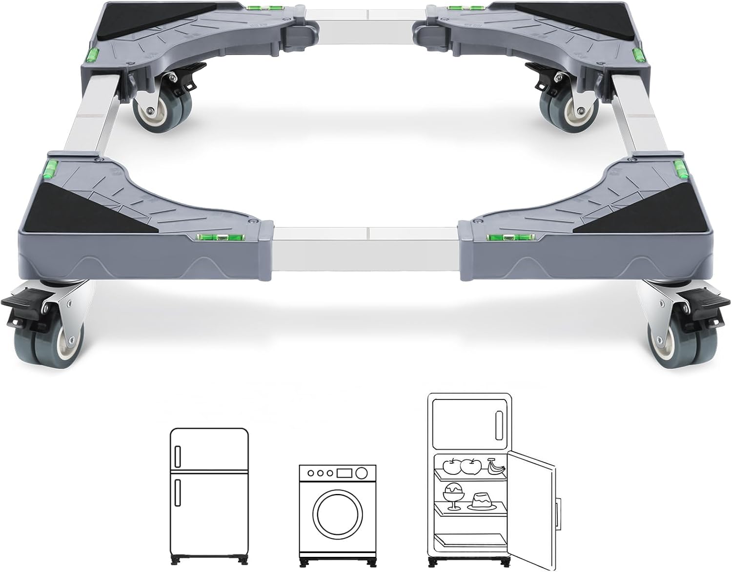 W B D WEIBIDA Base con 4 Ruedas con Bloqueo Ancho Ajustable 40-62cm, Carga 200KG Soporte Lavadora, Plataforma con Ruedas para Nevera, Lavadora, Secadora y Frigorífico, Altura de 11cm