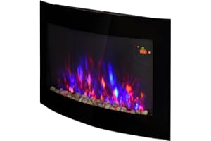 HOMCOM Caminetto Elettrico da Parete con Effetto Fiamma Colorato e Telecomando, Camino Elettrico 1800W con Temperatura Regolabili, Termostato, Timer e Protezione da Surriscaldamento, Nero