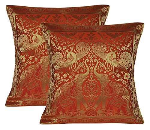 Lalhaveli Designer Peacock & Elephant Art Design Cotton Brocade Retro Cushion Cover Set of 2 40 x 40 Cm