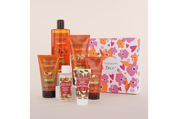 EVOLUDERM – Coffret Cadeau Argan Corps & Cheveux – 6 produits – Origine Naturelle - Végan – Made in France - Idée Cadeau - Idéal cadeau Noël, Anniversaire, Fête des Mères (Rosèa)