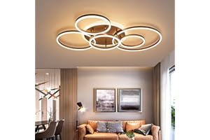 FUMIMID Lampa sufitowa LED, nowoczesna lampa wisząca, kreatywny żyrandol z pilotem zdalnego sterowania, ściemniana, okrągła, 6 kół, 86 W, aluminium, akryl, do sypialni, brązowa