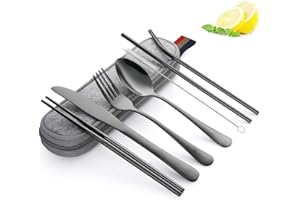 IVEOPPE Zestaw sztućców turystycznych, 8 sztuk, ze stali nierdzewnej, wielokrotnego użytku, przenośne przybory z etui, nóż, widelec, łyżka, pałeczki, słomki, szczotka do czyszczenia, przenośna torba (czarna)