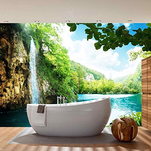 Vlies Fototapete PREMIUM PLUS Wand Foto Tapete Wand Bild Vliestapete – WATERFALL IN PARADISE – Wasserfall Lagune, Paradies Berge See Wald Bäume Landschaft – no. 035, Größe:350x245cm Vlies - 7