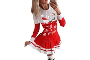 Onsoyours Noël Robe Femme Party Retro Manches Longues Col Rond Imprimé Neige Mini Robe Automne Hiver Bodycon Sexy Pull Robe de Fête