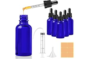 CoKeeSun 30ml Glass Dropper Bottle, 5 Pcs Blue Dropper Bottles with Pipettes, Reusable Glass Bottle Set with Funnel Needle Syringe Catheter Stickers for Hair Oil perfumes Cosmetics Storage